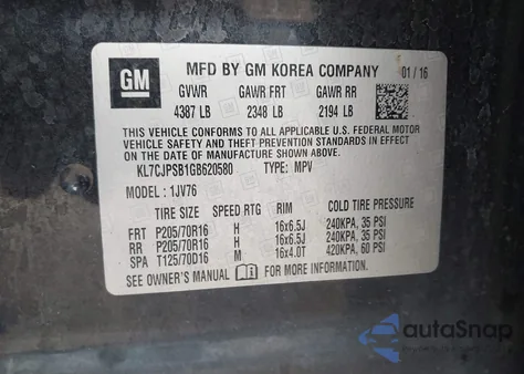 2016 Chevrolet Trax Lt from USA, damaged, VIN KL7CJPSB1GB620580